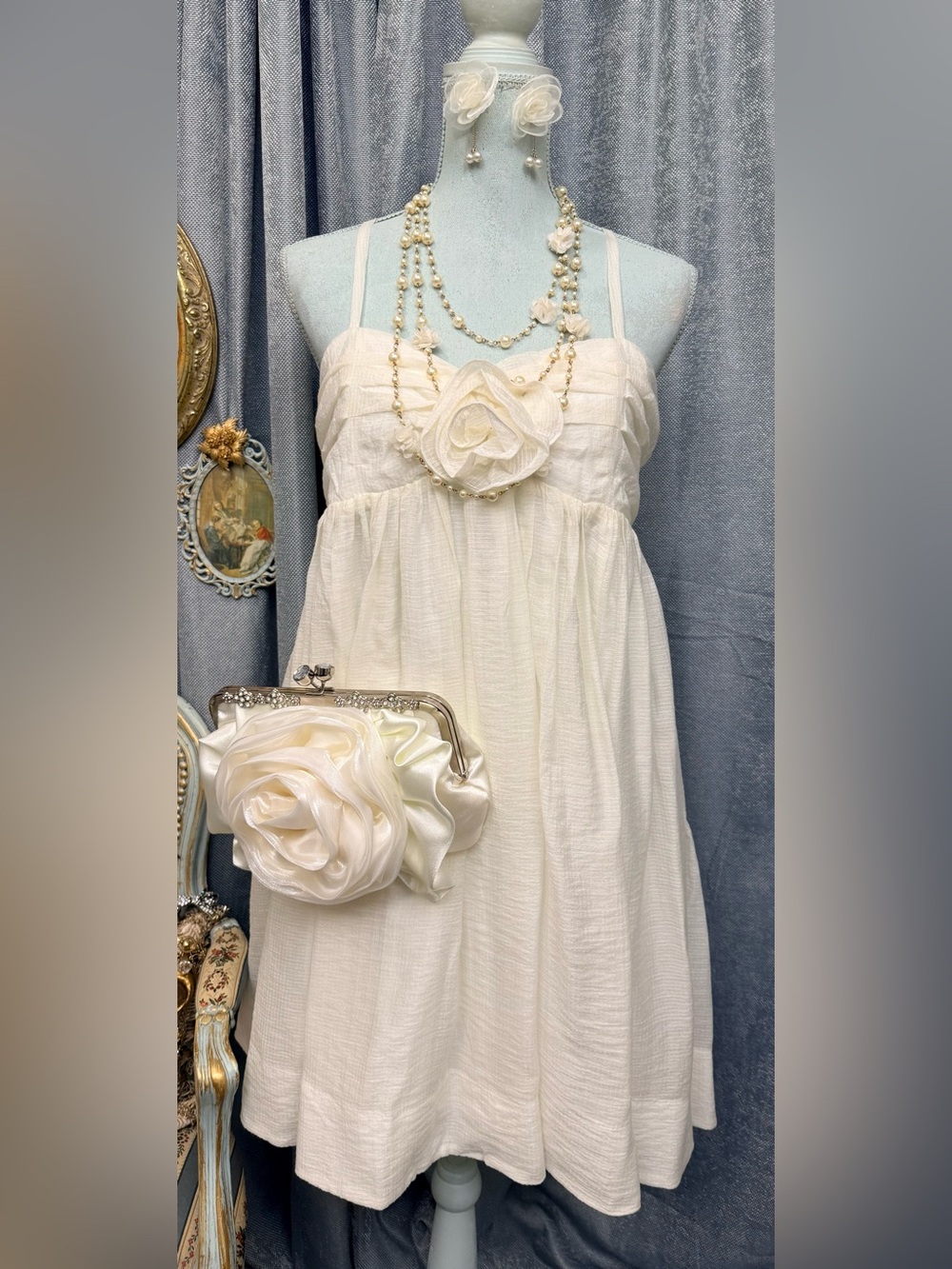 Cream Bloom- Garden Soirée Dress with Cardigan, Bag and Jewelry